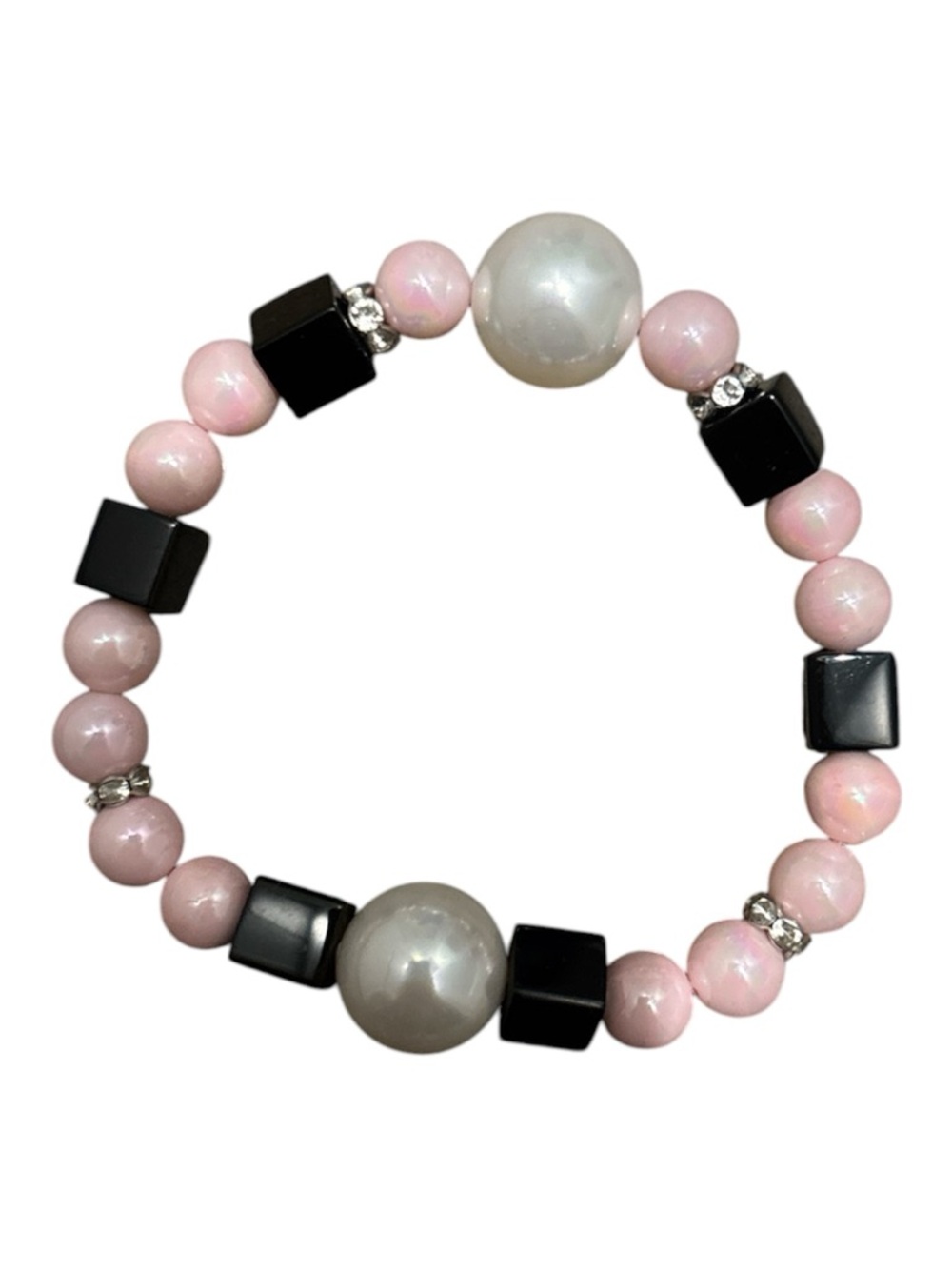 Glass mix  Pink Pearl & Black Bead Stretch Bracelet